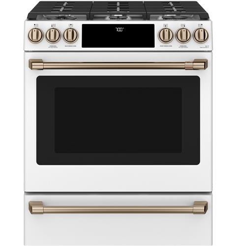 Café 30" Slide-In Front Control Gas Oven with Convection Range with Warming Drawer CGS700P4MW2