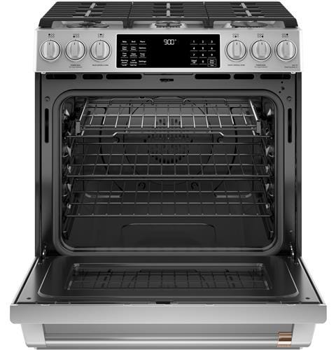 Café 30" Slide-In Front Control Dual-Fuel Convection Range with Warming Drawer C2S900P2MS1