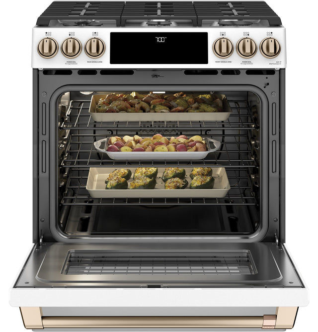 Café 30" Slide-In Front Control Gas Oven with Convection Range with Warming Drawer CGS700P4MW2