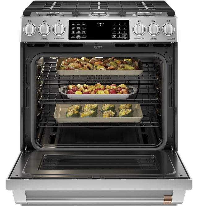 Café 30" Slide-In Front Control Gas Oven with Convection Range with Warming Drawer CGS700P2MS1