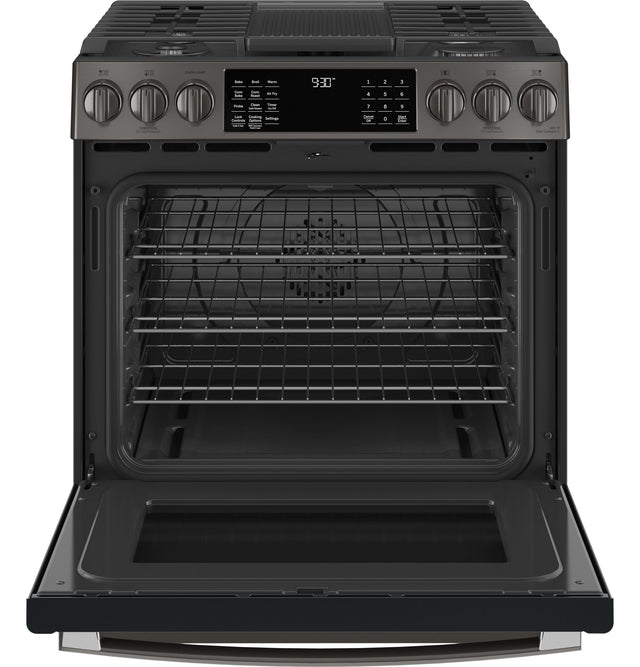 GE Profile 30" Smart Slide-In Front-Control Gas Fingerprint Resistant Range with No Preheat Air Fry PGS930BPTS