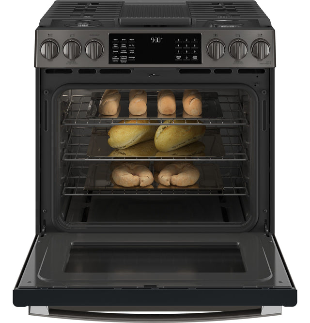 GE Profile 30" Smart Slide-In Front-Control Gas Fingerprint Resistant Range with No Preheat Air Fry PGS930BPTS