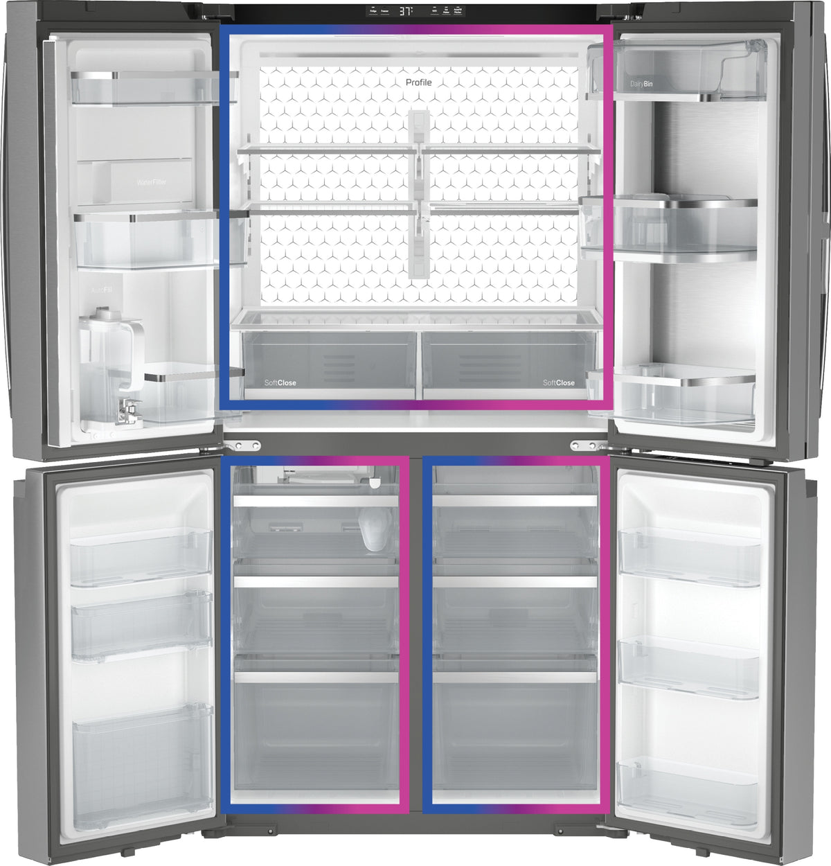 GE Profile™ ENERGY STAR® 22.9 Cu. Ft. Counter-Depth Quad-Door Refrigerator with Dual-Dispense AutoFill Pitcher and Door in Door PHD23BYWFS