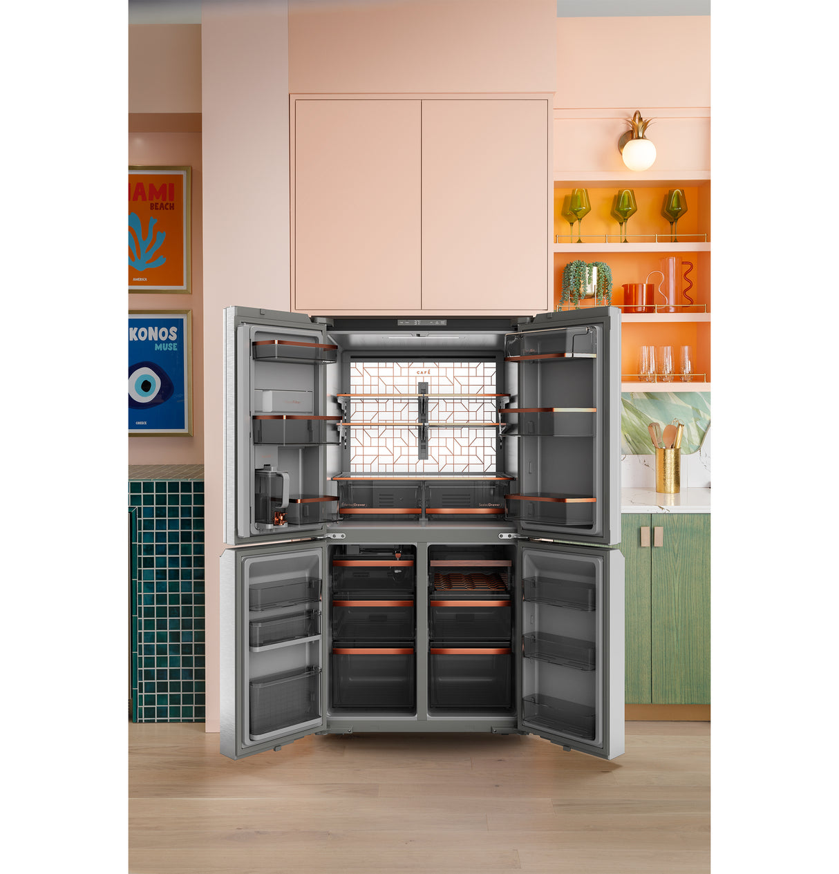 Café™ ENERGY STAR® 22.9 Cu. Ft. Smart Counter-Depth Quad-Door Refrigerator in Platinum Glass with Dual-Dispense AutoFill Pitcher CHE23DM5WS5