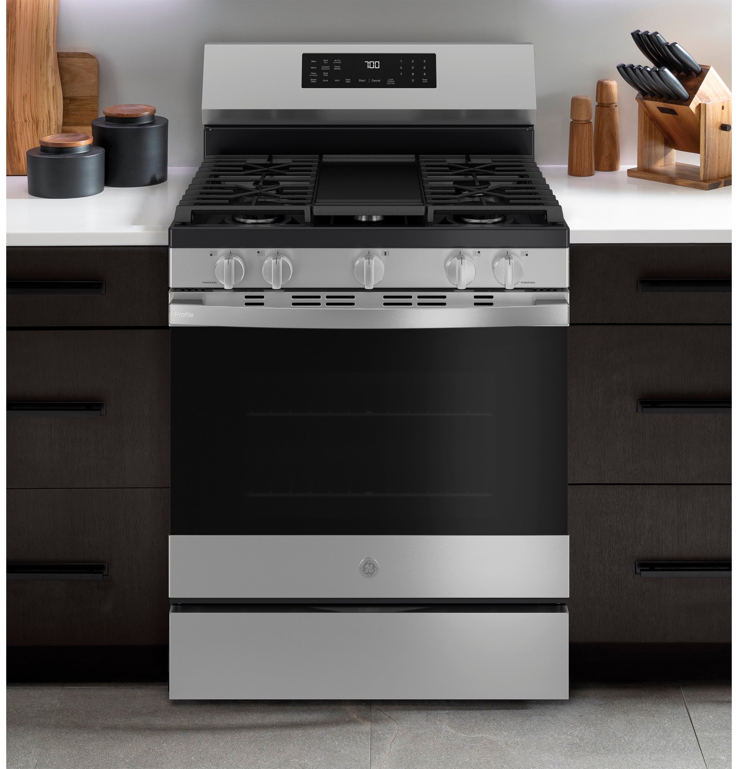 GE Profile™ 30” Smart Free-Standing Gas Convection Range with No Preheat Air Fry and EasyWash™ Oven Tray PGF700AYFS
