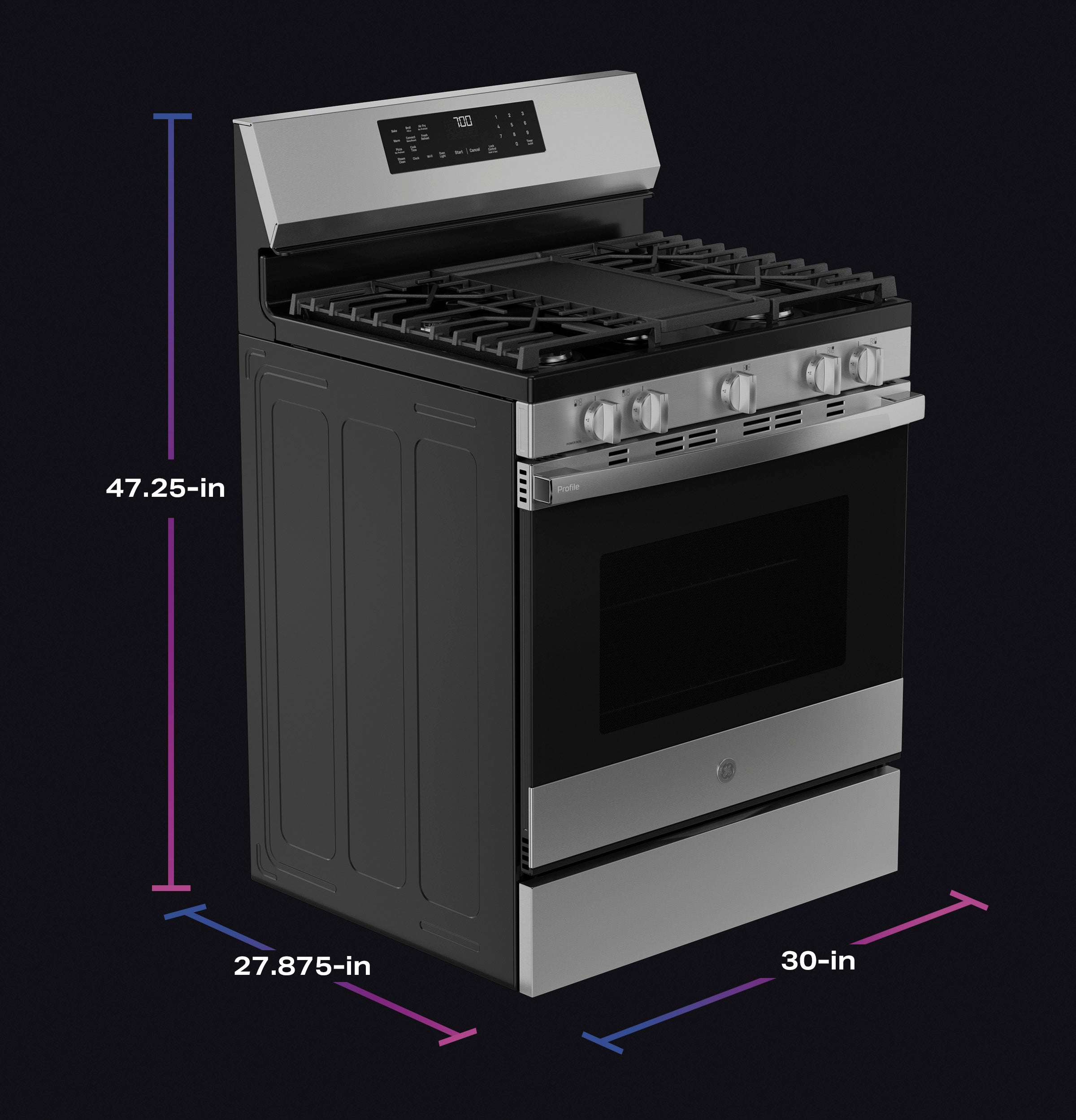 GE Profile™ 30” Smart Free-Standing Gas Convection Range with No Preheat Air Fry and EasyWash™ Oven Tray PGF700AYFS