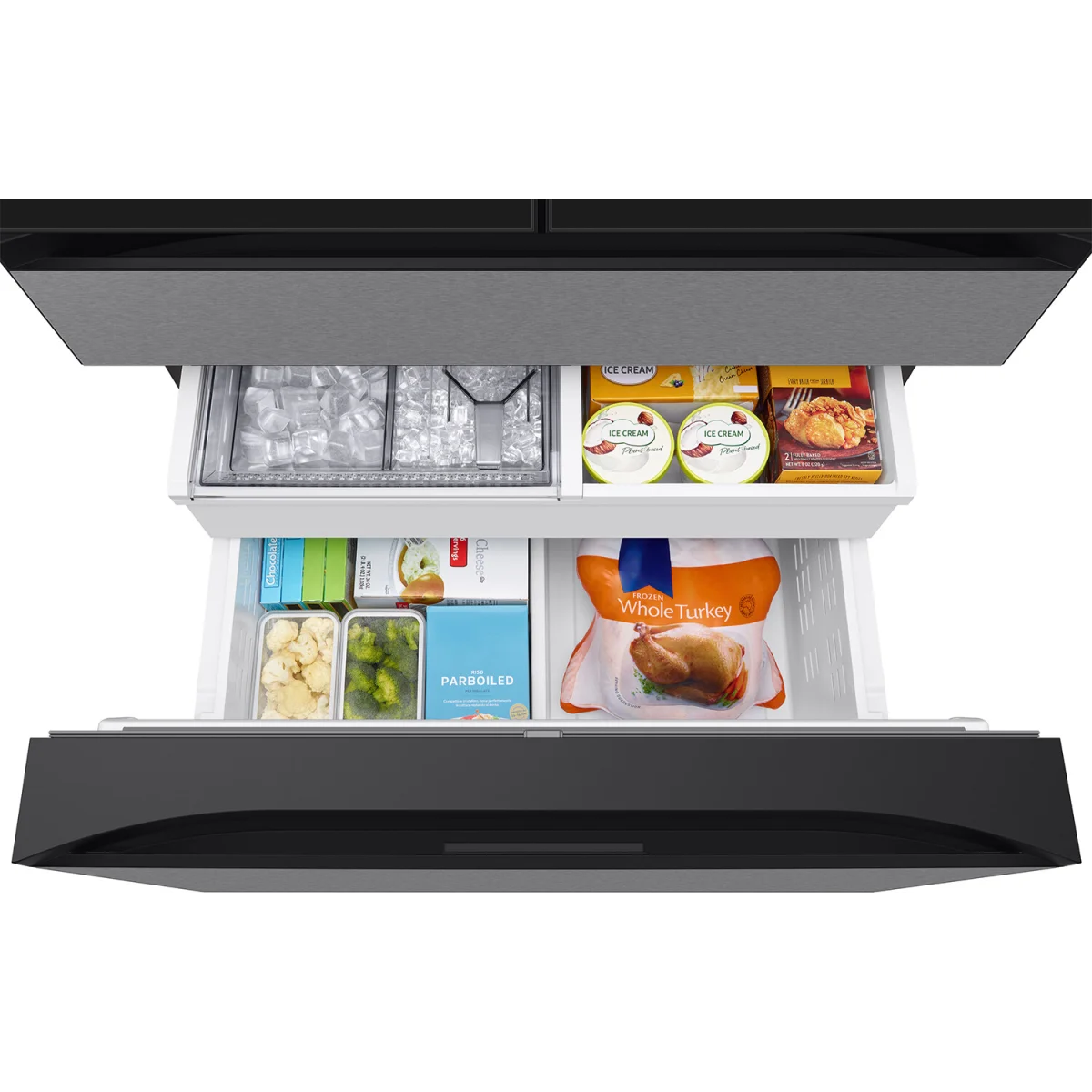 Bespoke 29 cu. ft. Standard Depth 4-Door French Door Refrigerator in Charcoal Glass/Stainless Steel with AI Family Hub+ RF90F29AECR