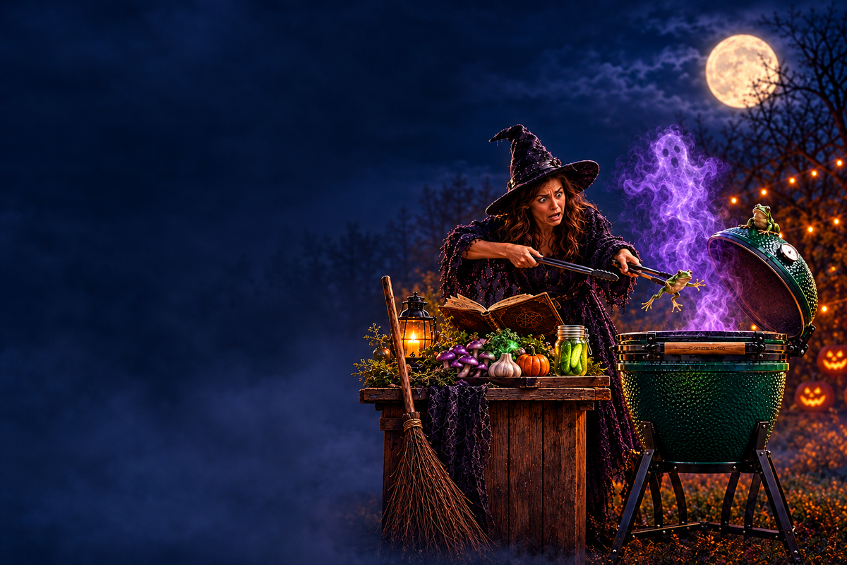 Right-aligned Halloween witch and Big Green Egg banner