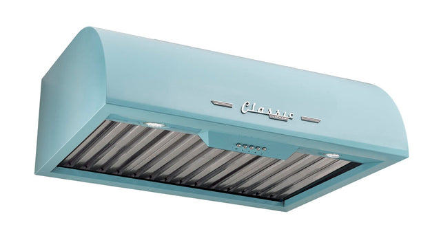 Classic Retro 24-inch 500 CFM Ducted Under Cabinet Range Hood with LED Lighting in Ocean Mist Turquoise UGP-24CR RH T