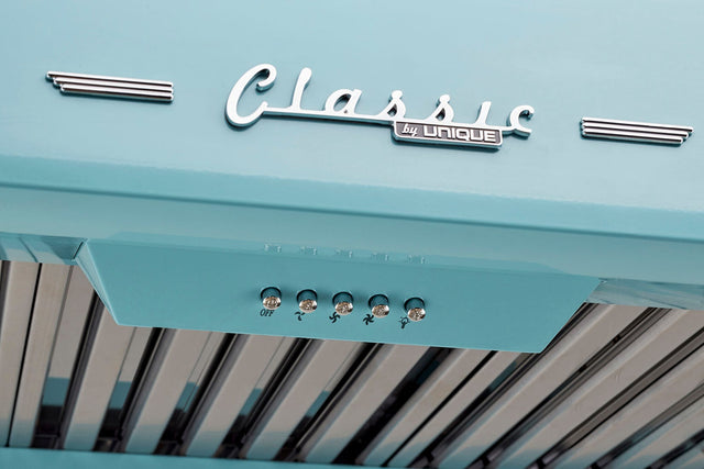 Classic Retro 24-inch 500 CFM Ducted Under Cabinet Range Hood with LED Lighting in Ocean Mist Turquoise UGP-24CR RH T