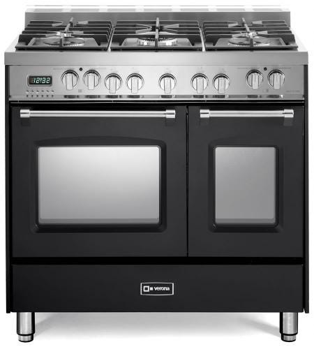 Verona VPFSGE365DE 36 inch Prestige Series Freestanding Dual Fuel Double Oven Range with 5 Sealed Burners, 3.9 cu. ft. Oven Capacity, European Convection (Matte Black)