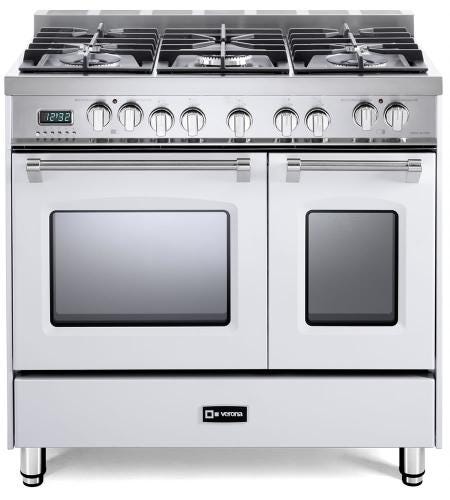 Verona VPFSGE365DW 36 inch Prestige Series Freestanding Dual Fuel Double Oven Range with 5 Sealed Burners, 3.9 cu. ft. Oven Capacity, European Convection (White)
