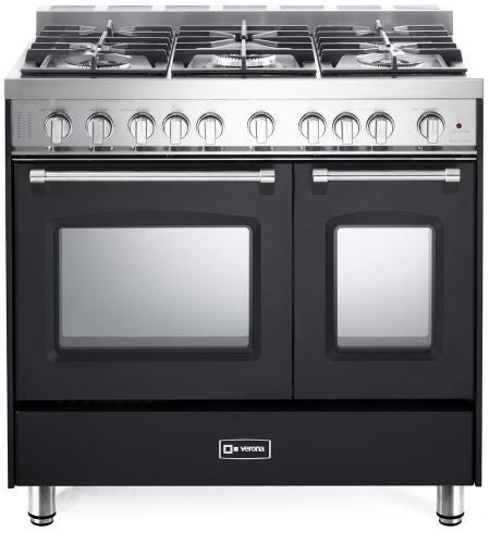 Verona VPFSGG365DE 36 inch Prestige Series Freestanding Gas Double Oven Range with 5 Sealed Burners, 3.9 cu. ft. Oven Capacity, Convection (Matte Black)
