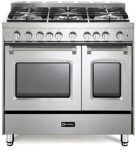 Verona VPFSGG365DSS 36 inch Prestige Series Freestanding Gas Double Oven Range with 5 Sealed Burners, 3.9 cu. ft. Oven Capacity, Convection (Stainless Steel)