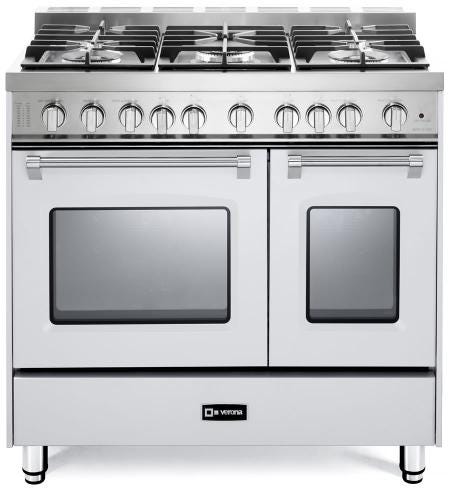 Verona VPFSGG365DW 36 inch Prestige Series Freestanding Gas Double Oven Range with 5 Sealed Burners, 3.9 cu. ft. Oven Capacity and Convection (White)