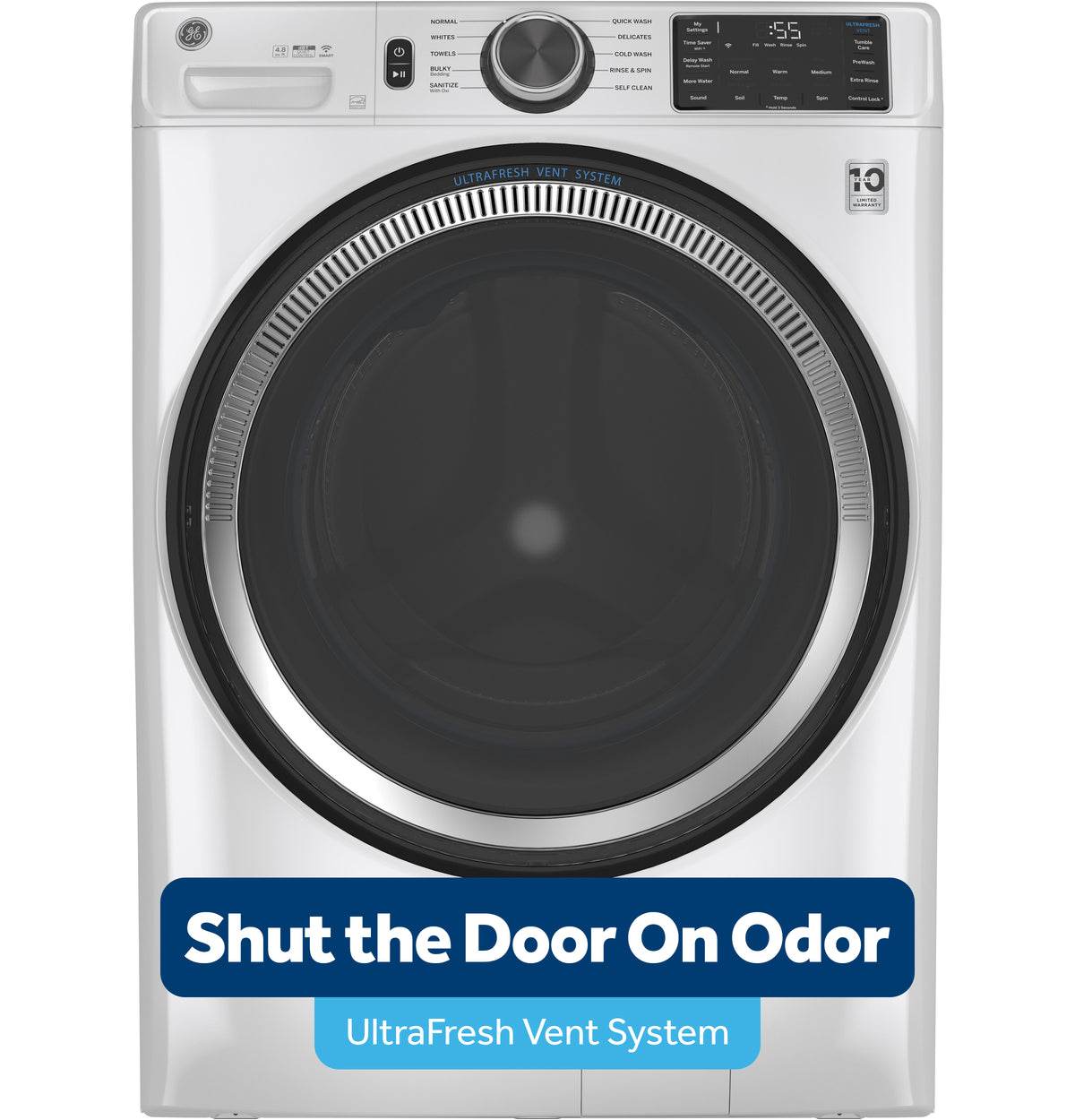 GE® 5.0 cu. ft. Capacity Smart Front Load ENERGY STAR® Steam Washer with SmartDispense™ UltraFresh Vent System with OdorBlock™ and Sanitize + Allergen GFW655SSVWW