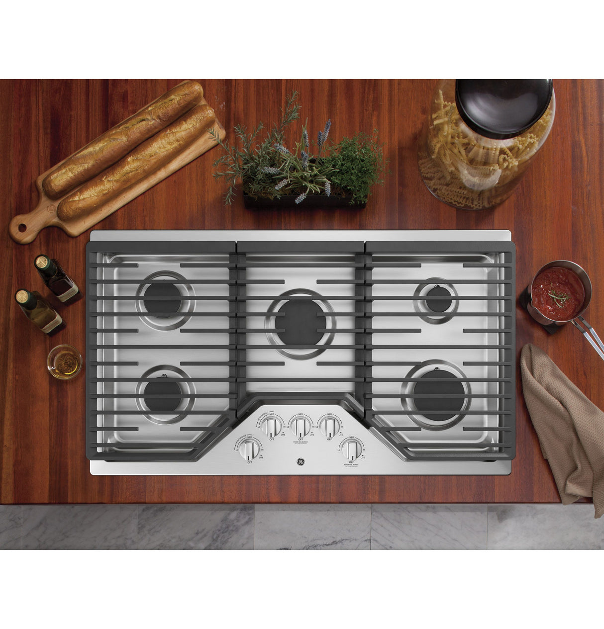 GE 36" Built-In Gas Cooktop with 5 Burners and Dishwasher Safe Grates JGP5036SLSS