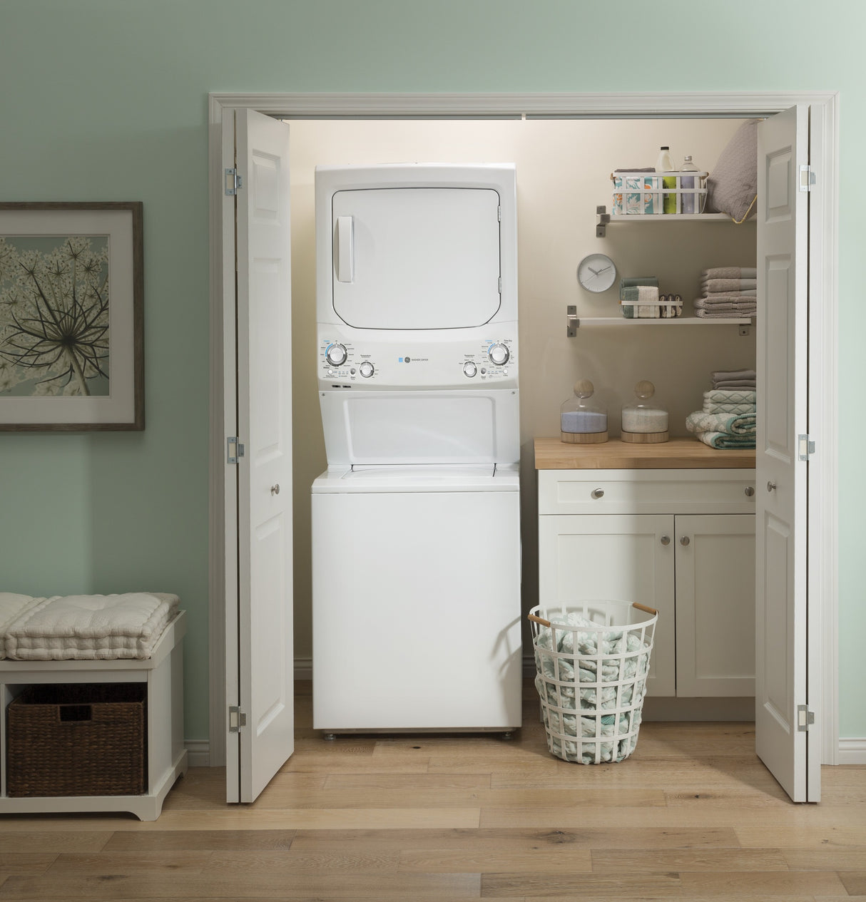 GE Unitized Spacemaker 3.9 cu. ft. Capacity Washer with Stainless Steel Basket and 5.9 cu. ft. Capacity Electric Dryer GUD27EESNWW