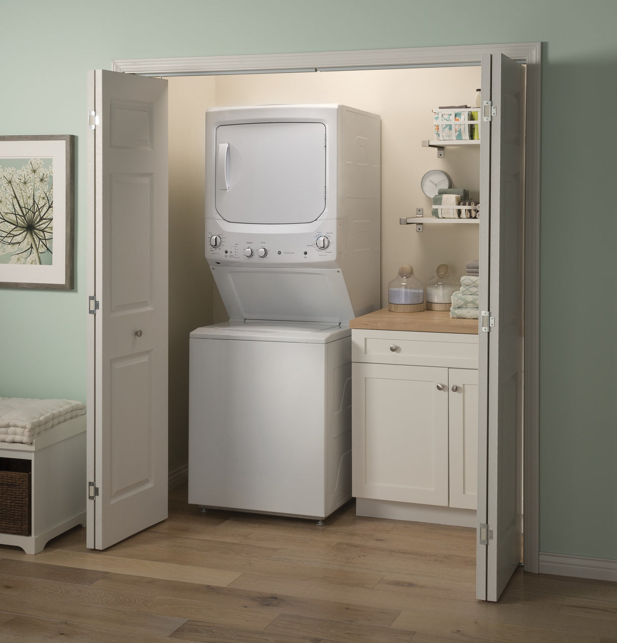 GE Unitized Spacemaker 3.8 cu. ft. Capacity Washer with Stainless Steel Basket and 5.9 cu. ft. Capacity Long Vent Electric Dryer GUV27ESSMWW