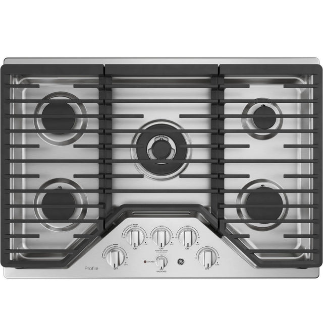 GE Profile™ 30" Built-In Tri-Ring Gas Cooktop with 5 Burners and Included Extra-Large Integrated Griddle PGP9030SLSS