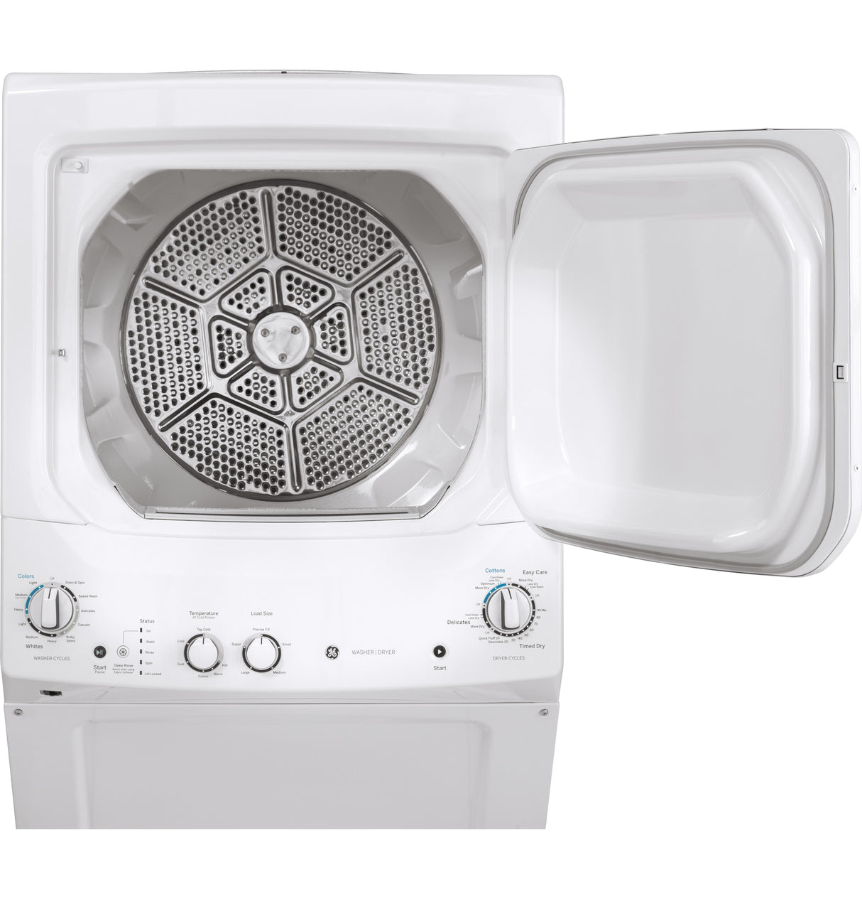 GE Unitized Spacemaker 3.8 cu. ft. Capacity Washer with Stainless Steel Basket and 5.9 cu. ft. Capacity Long Vent Electric Dryer GUV27ESSMWW