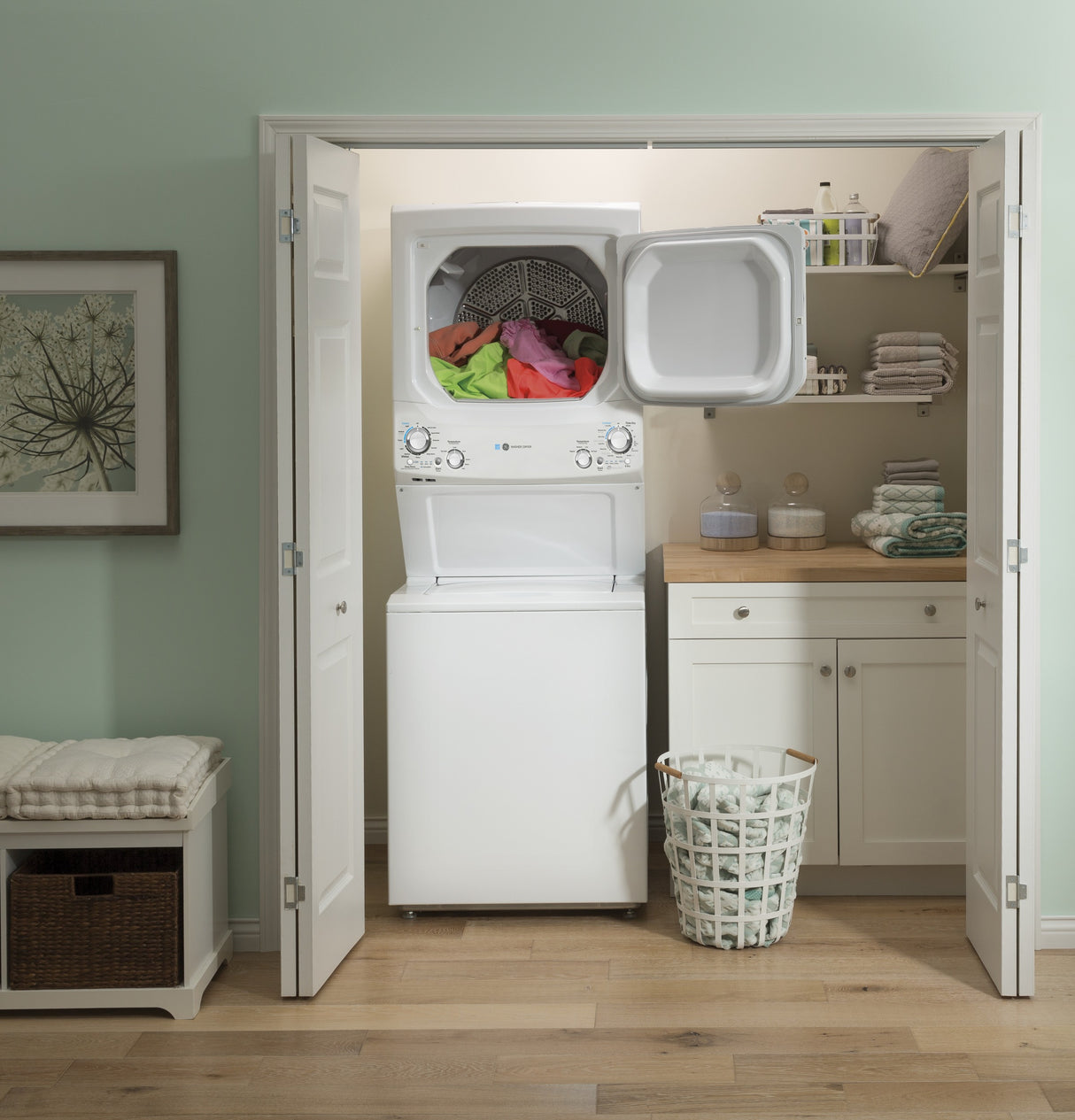GE Unitized Spacemaker 3.9 cu. ft. Capacity Washer with Stainless Steel Basket and 5.9 cu. ft. Capacity Electric Dryer GUD27EESNWW