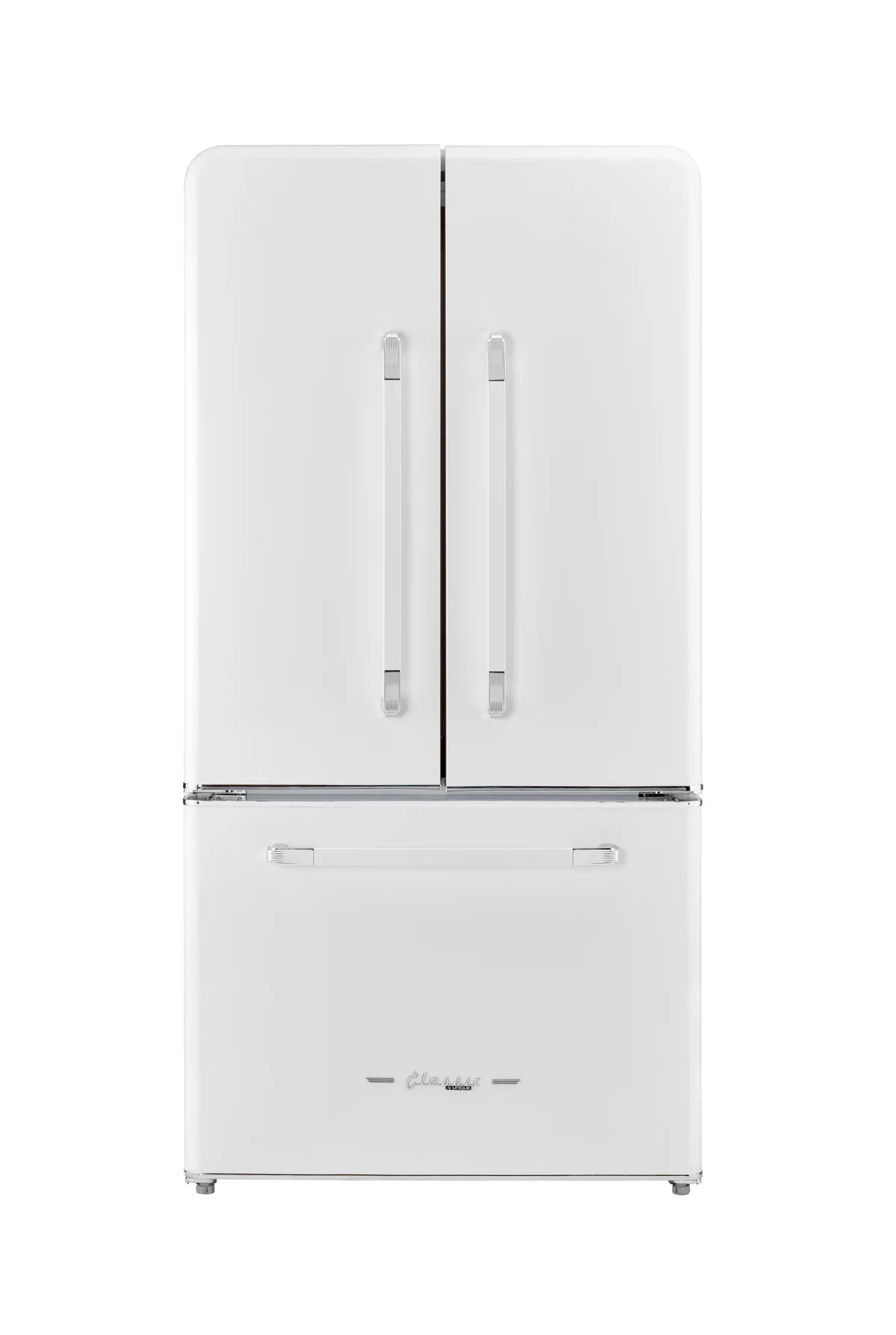 Classic Retro 36-inch 21.4 cu. ft. Frost Free French Door Counter Depth Refrigerator with Built-In Ice Maker in Ocean Marshmallow White, ENERGY STAR® UGP-595L W AC