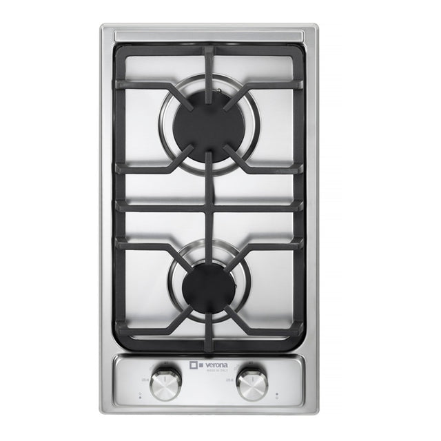 Verona VDGCT212FSS 12 inch Italian-Made Gas Cooktop with 2 Brass Burners and Continuous Cast Iron Grates in Stainless Steel