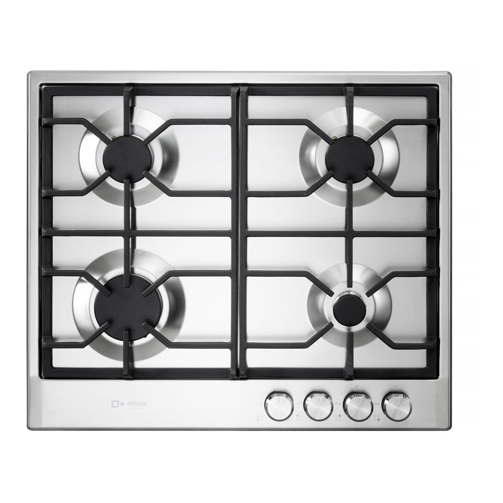 Verona VDGCT424FSS 24 inch Italian-Made Gas Cooktop with 4 Brass Burners and Continuous Cast Iron Grates in Stainless Steel