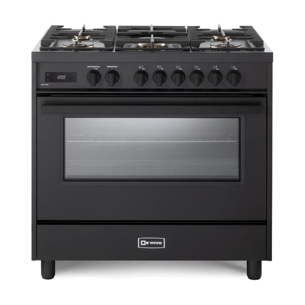 Verona VMFSGE365EE 36 inch Ultima Midnight Collection Freestanding Dual Fuel Range with 5 Sealed SABAF Brass Burners, 5 cu. ft. Oven Capacity in Matte Black