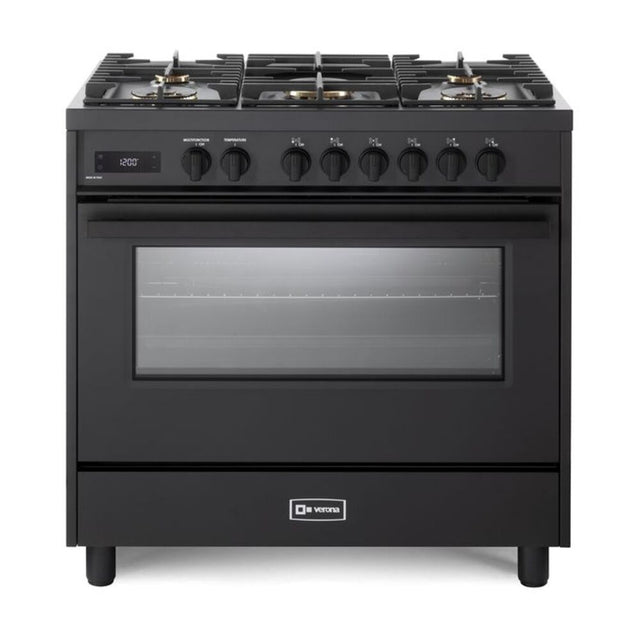 Verona VMFSGE365EE 36 inch Ultima Midnight Collection Freestanding Dual Fuel Range with 5 Sealed SABAF Brass Burners, 5 cu. ft. Oven Capacity in Matte Black