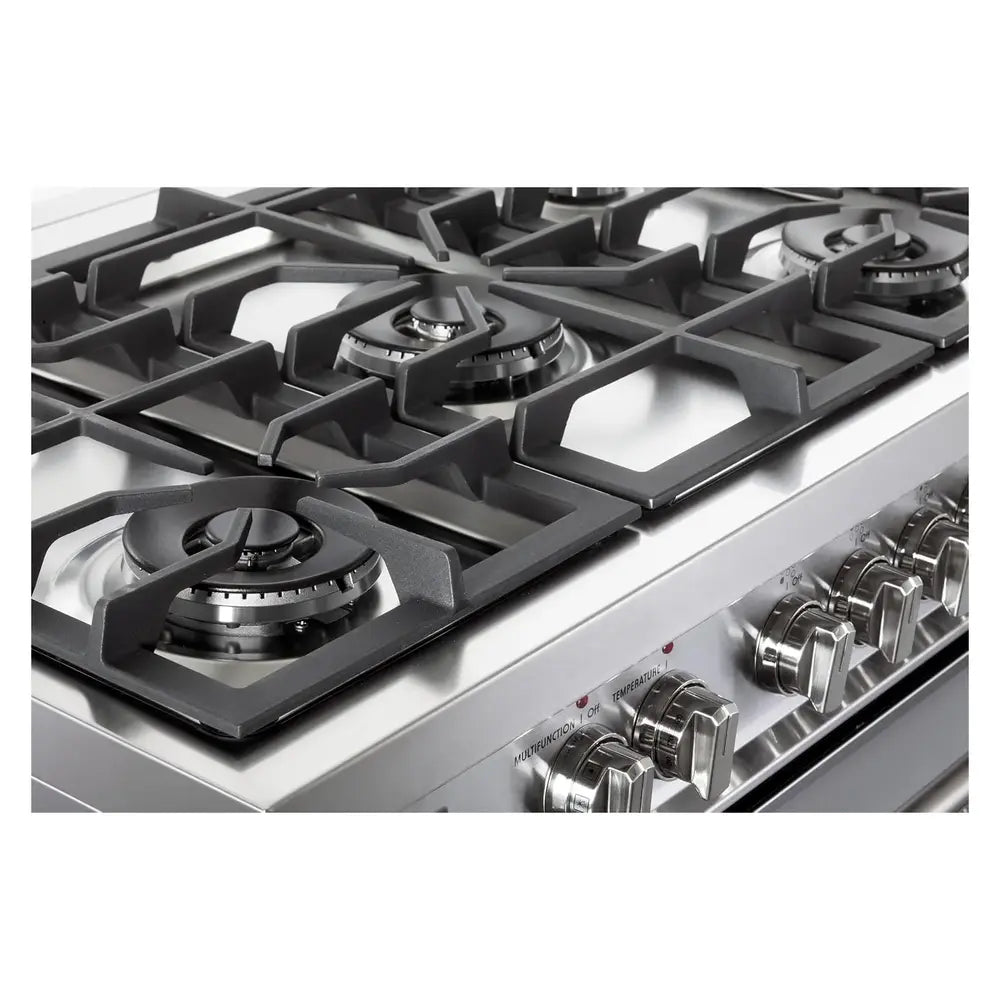 Verona VPRFSGE365SS 36 inch Prima Series Freestanding Dual Fuel Range with 5 Sealed SABAF Burners, 5 cu. ft. Oven Capacity, Touch Control Clock in Stainless Steel