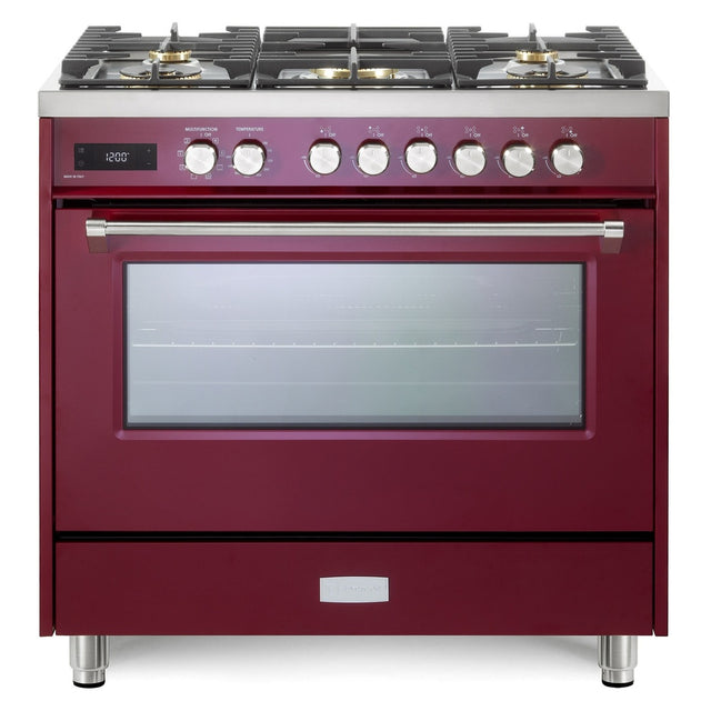 Verona VUFSGE365BU 36 inch Ultima Collection Freestanding Dual Fuel Range with 5 Sealed SABAF Brass Burners, 5 cu. ft. Oven Capacity (Burgundy)