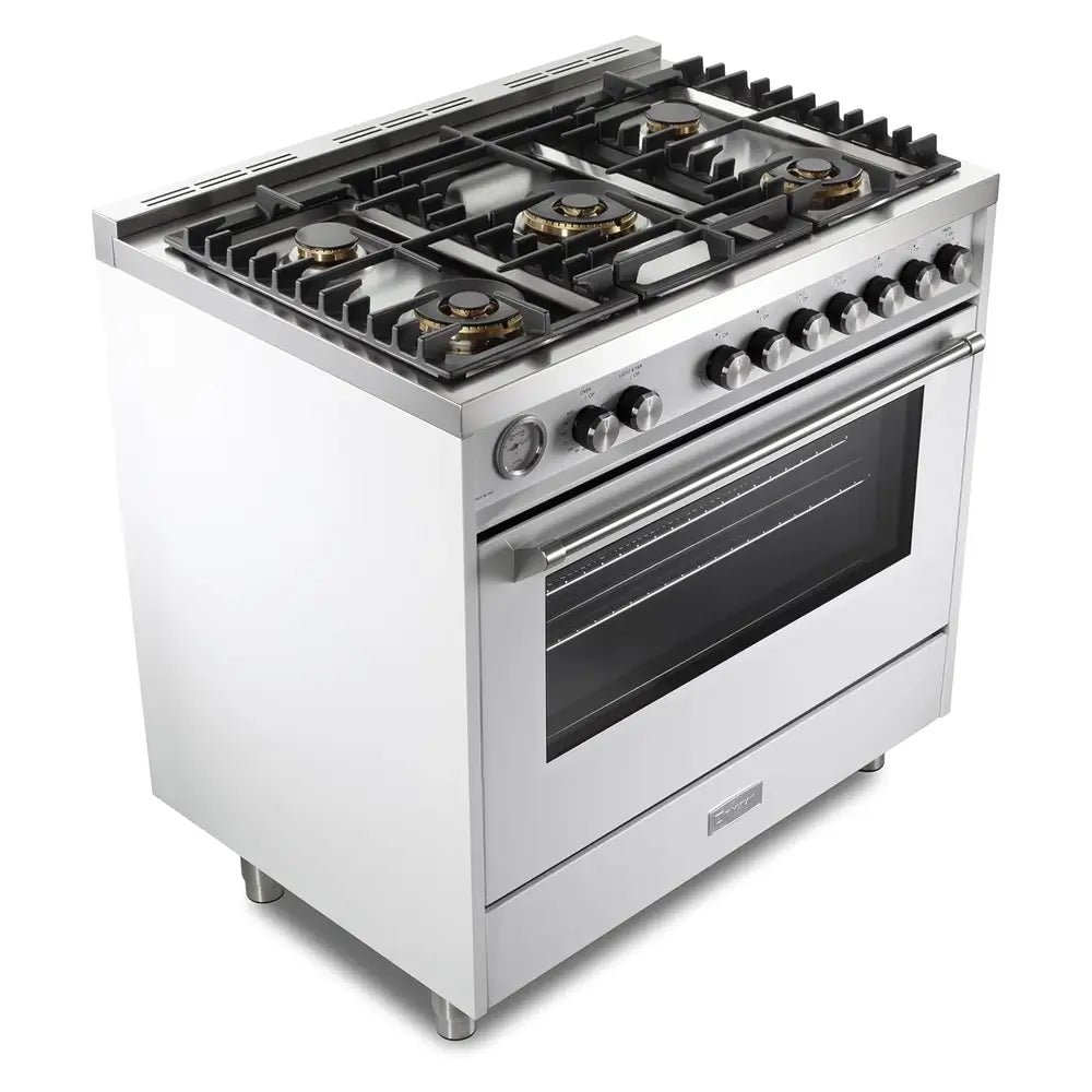 Verona VUFSGG365W 36 inch Ultima Collection Freestanding Gas Range with 5 Sealed SABAF Brass Burners, 5 cu. ft. Oven Capacity, Temperature Gauge (White)