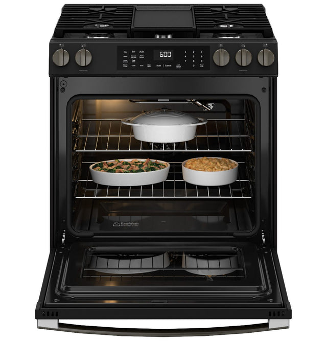 GE® 30" Slide-In Front-Control Convection Gas Range with No Preheat Air Fry and EasyWash™ Oven Tray GGS600AVDS