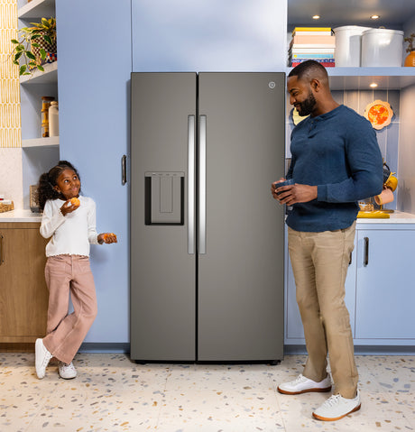 GE 23.6 Cu. Ft. Counter-Depth Side-By-Side Refrigerator with Extra Tall Dispenser and In-Door Icemaker GZS24NMYES