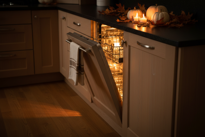 Close-up of a dishwasher door glowing amber with tea lights and pumpkins above