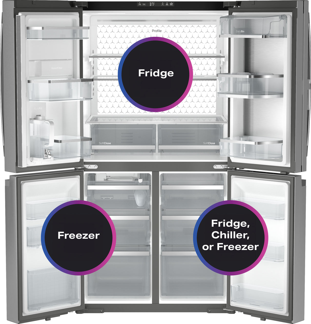 GE Profile™ ENERGY STAR® 22.9 Cu. Ft. Counter-Depth Quad-Door Refrigerator with Dual-Dispense AutoFill Pitcher and Door in Door PHD23BYWFS