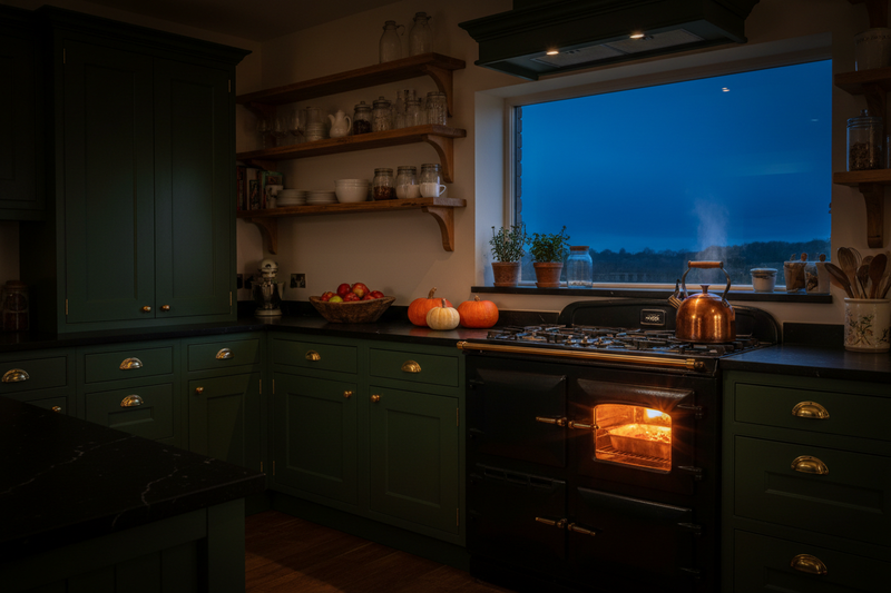 Dark green and brass kitchen at dusk with a glowing range and copper kettle