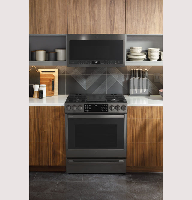 GE Profile 30" Smart Slide-In Front-Control Gas Fingerprint Resistant Range with No Preheat Air Fry PGS930BPTS-Black Stainless