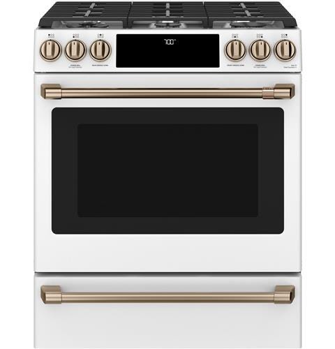 Café 30" Slide-In Front Control Gas Oven with Convection Range with Warming Drawer CGS700P4MW2