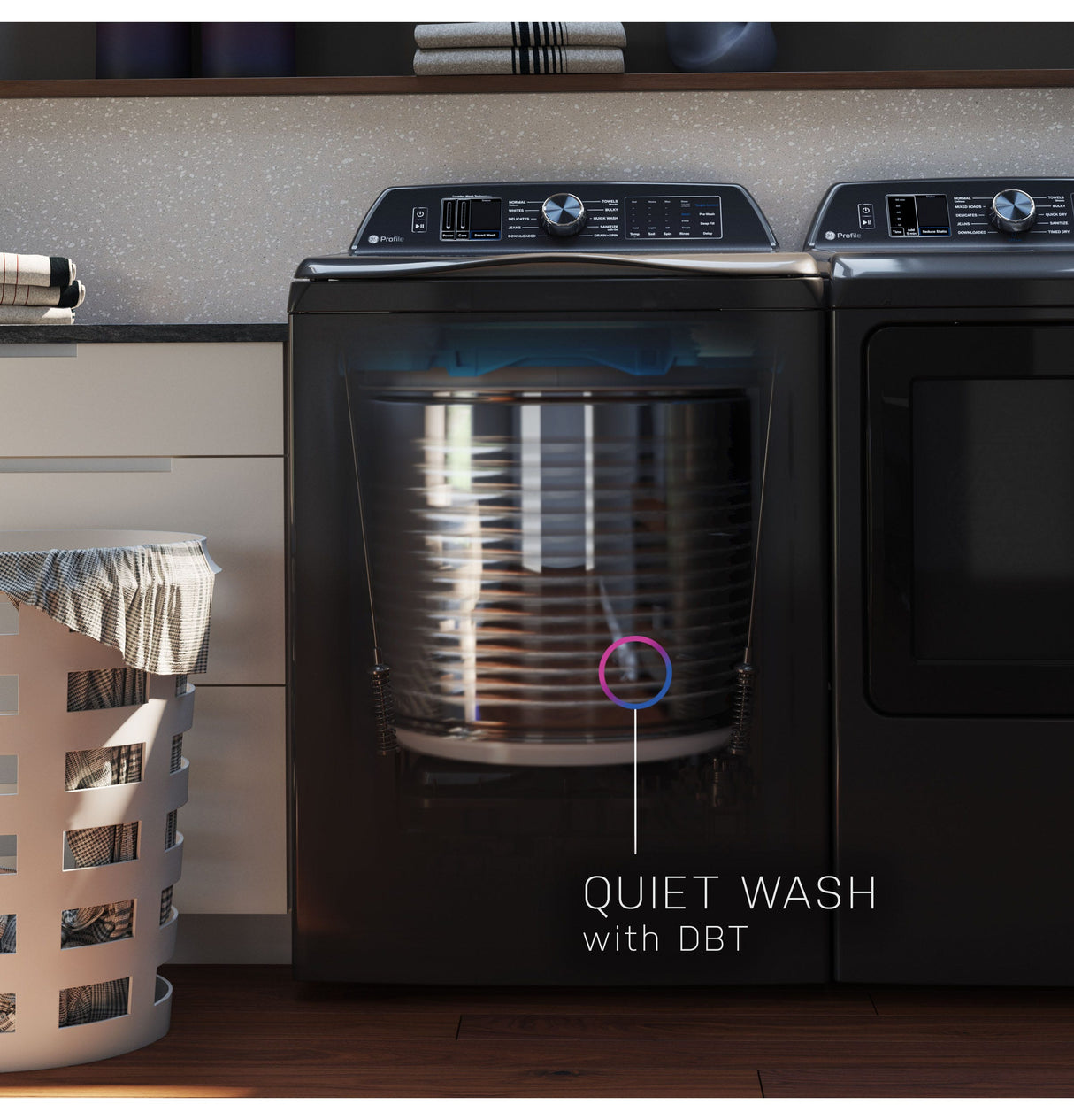 GE Profile 5.3 cu. ft. Capacity Washer with Smarter Wash Technology and FlexDispense PTW705BPTDG