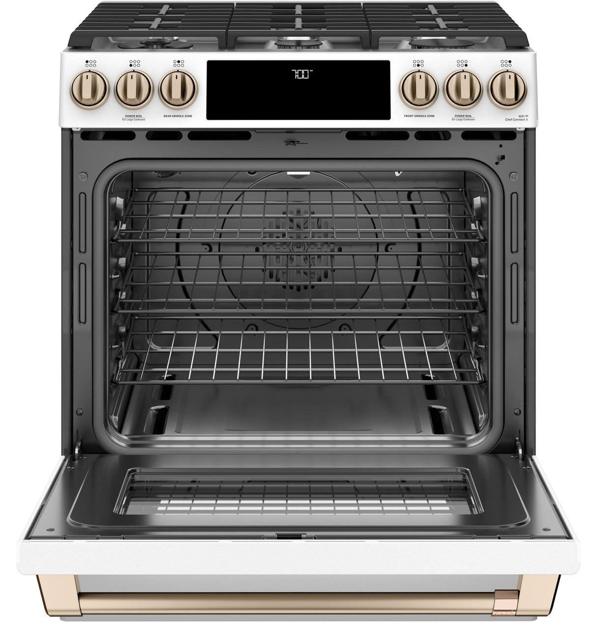Café 30" Slide-In Front Control Gas Oven with Convection Range with Warming Drawer CGS700P4MW2