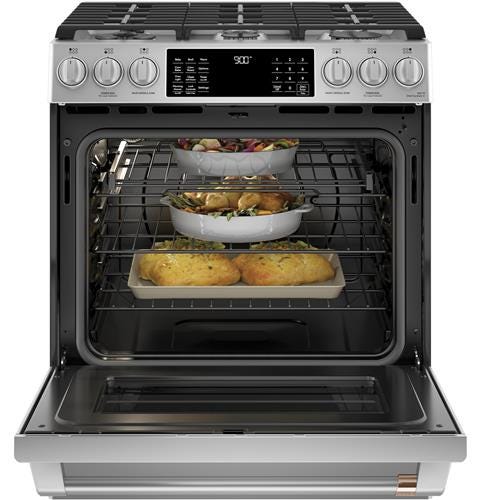 Café 30" Slide-In Front Control Dual-Fuel Convection Range with Warming Drawer C2S900P2MS1