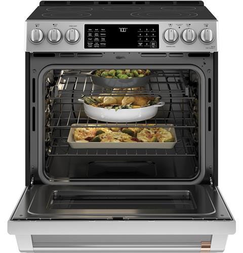 Café™ 30" Slide-In Front Control Radiant and Convection Range with Warming Drawer CES700P2MS1