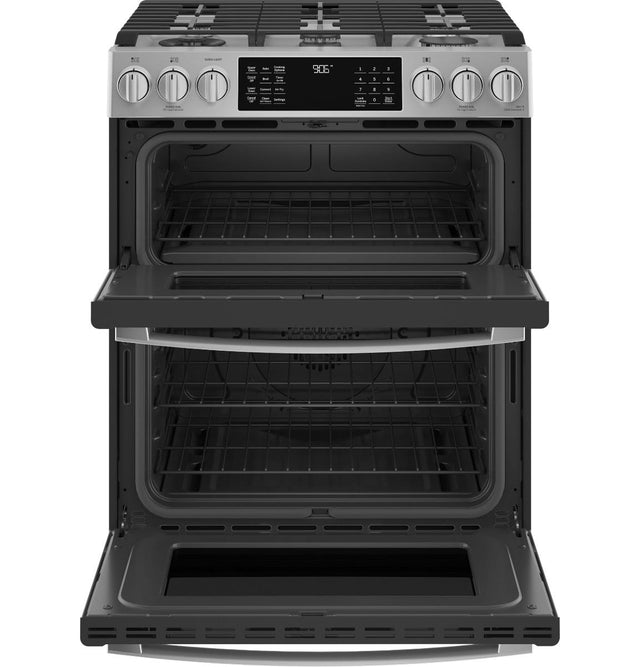 GE Profile 30" Smart Slide-In Front-Control Gas Double Oven Convection Fingerprint Resistant Range PGS960YPFS