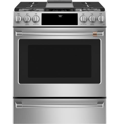 Café 30" Slide-In Front Control Gas Oven with Convection Range with Warming Drawer CGS700P2MS1