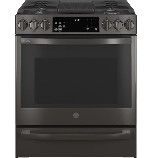 GE Profile 30" Smart Slide-In Front-Control Gas Fingerprint Resistant Range with No Preheat Air Fry PGS930BPTS-Black Stainless