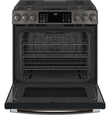 GE Profile 30" Smart Slide-In Front-Control Gas Fingerprint Resistant Range with No Preheat Air Fry PGS930BPTS-Black Stainless