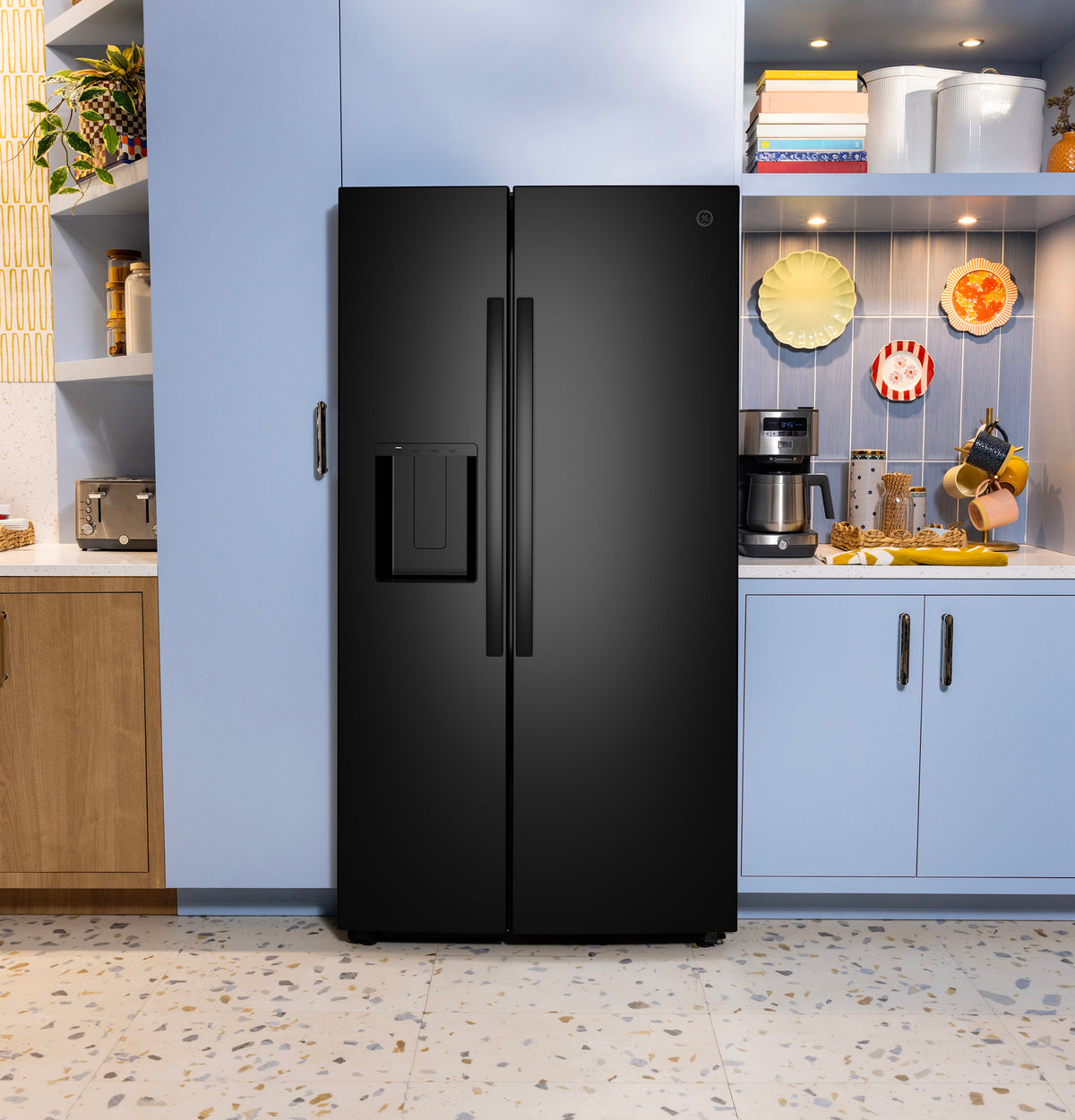 GE 23.6 Cu. Ft. Counter-Depth Side-By-Side Refrigerator with Extra Tall Dispenser and In-Door Icemaker GZS24NGYBB